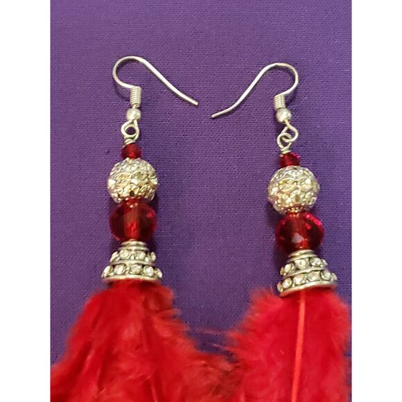 Long Red Feather Dangle Earrings Clear Rhinestone Crystal Ball Silver Tone - Picture 4 of 6